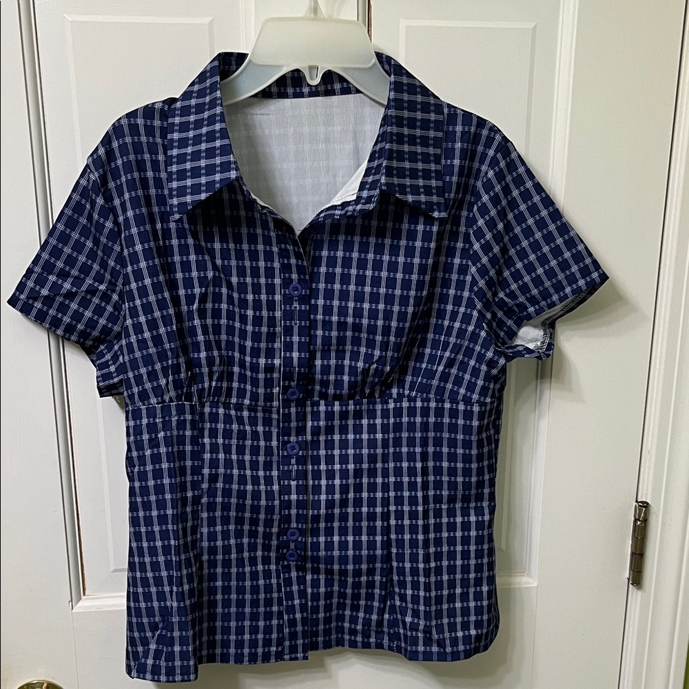 Blue Checkered tailored short sleeve button-down shirt